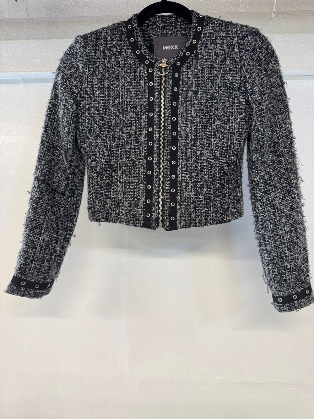 MEXX Black & White Tweed Cropped Blazer with Eyelet Trim